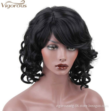 Vigorous Synthetic Curly Wave Wig Heat Resistant Natural Black Bob Style Wig with Inclined Bangs for Women Daily Party